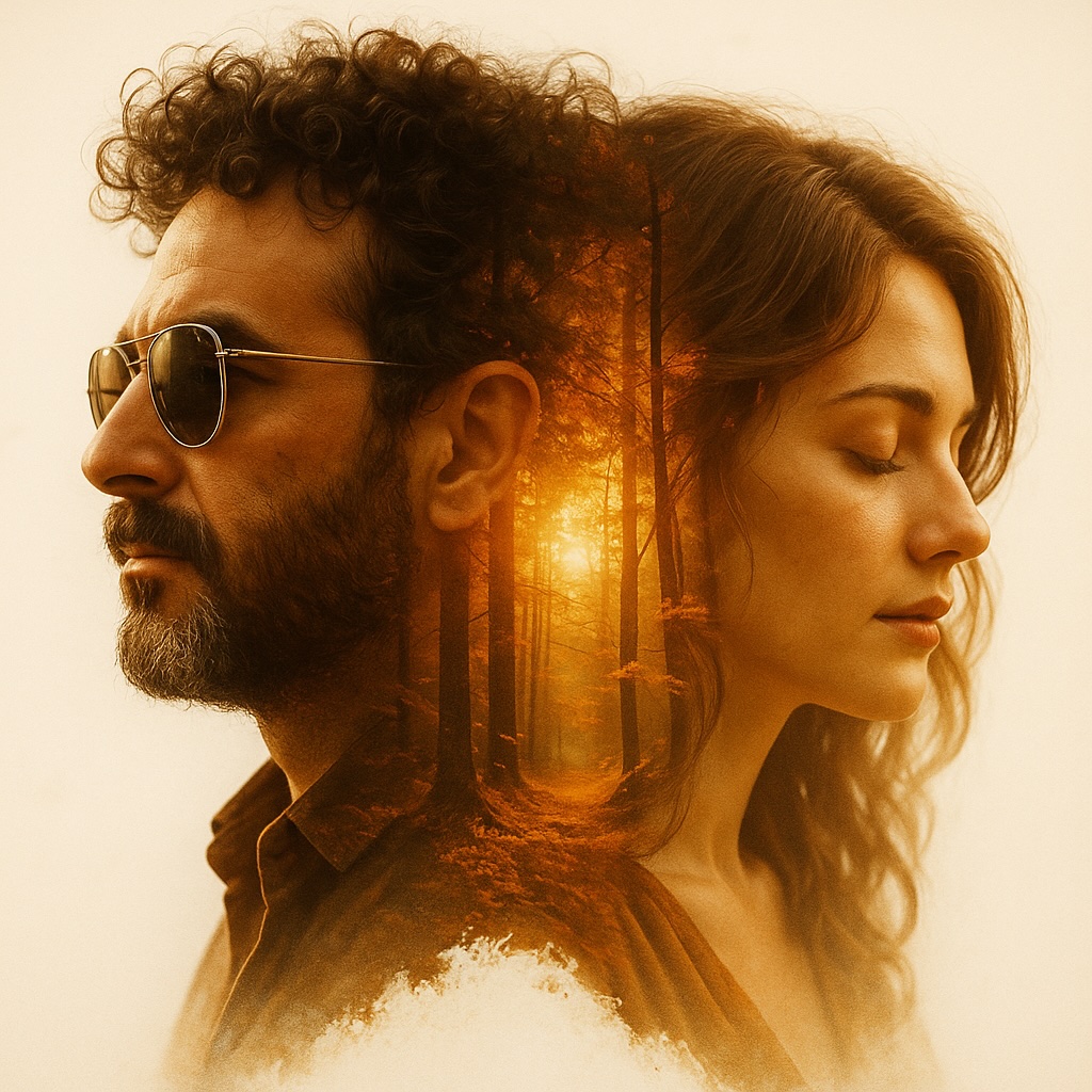 Prompts Insanos: A cinematic double exposure portrait of a man and a woman facing opposite directions